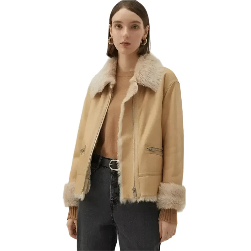 Women's Tan Brown Shearling Bomber Leather Jacket-4
