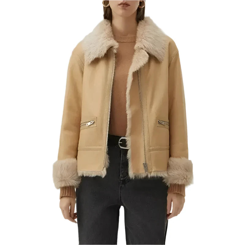 Women's Tan Brown Shearling Bomber Leather Jacket-1