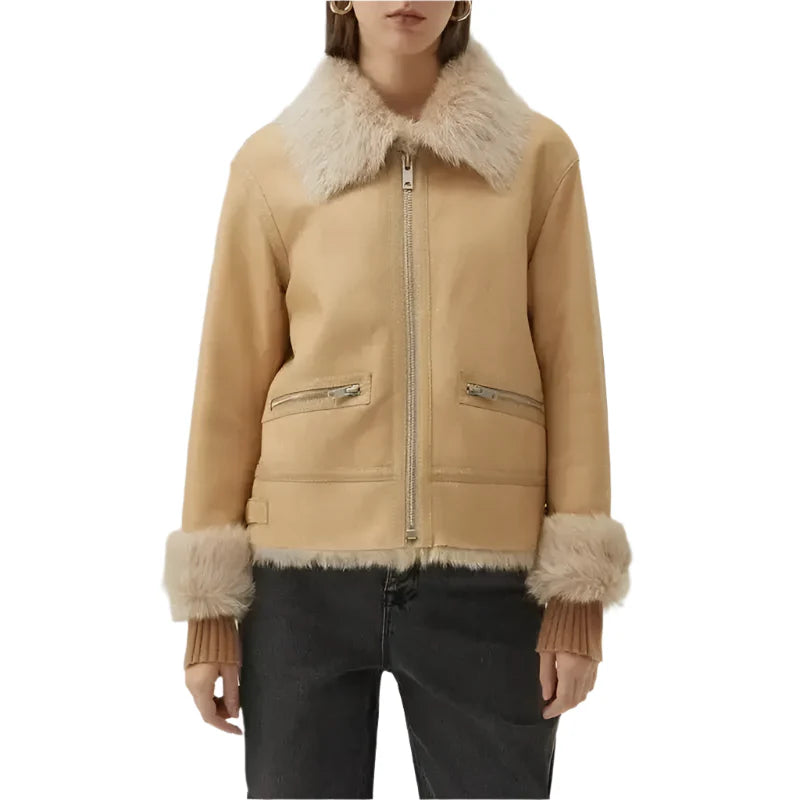 Women's Tan Brown Shearling Bomber Leather Jacket-0