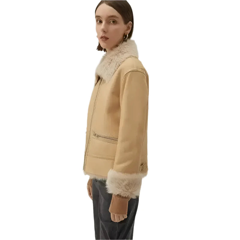 Women's Tan Brown Shearling Bomber Leather Jacket-3
