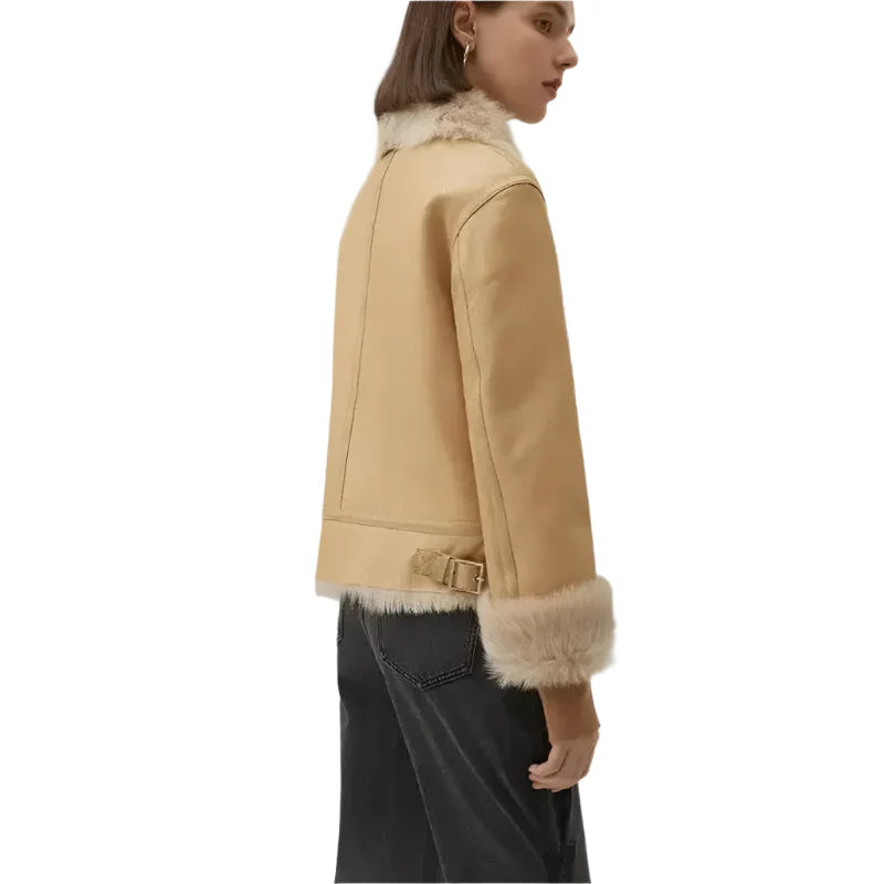 Women's Tan Brown Shearling Bomber Leather Jacket-2