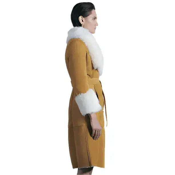 Women’s Tan Brown Suede Shearling Leather Coat