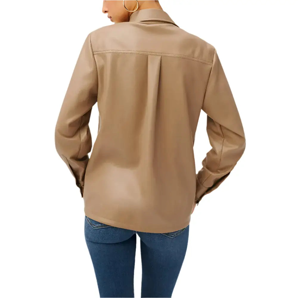 Women's Utility Faux Leather Button-Up Shirt – Warm Caramel