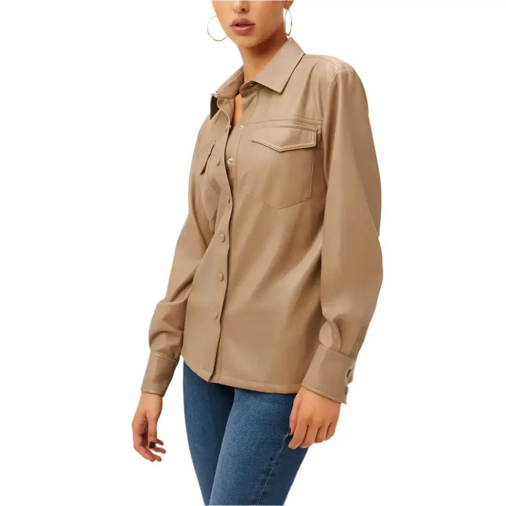 Women's Utility Faux Leather Button-Up Shirt – Warm Caramel
