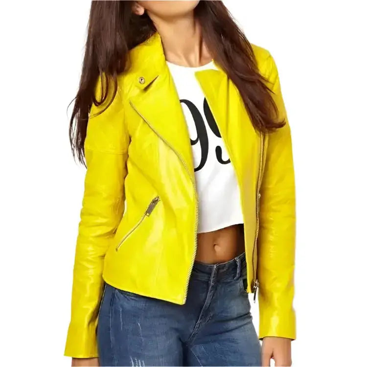 Women’s Yellow Leather Biker Jacket