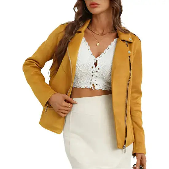 Women’s Yellow Suede Moto Biker Jacket