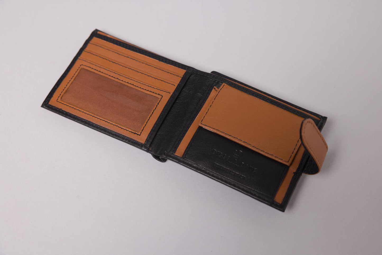 Biggs & Bane Men's Bifold Black & Tan Leather Wallet With Tab Coin Pocket