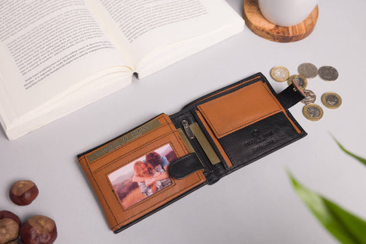 Large Capacity Men's Bifold Black & Tan Leather Wallet  30