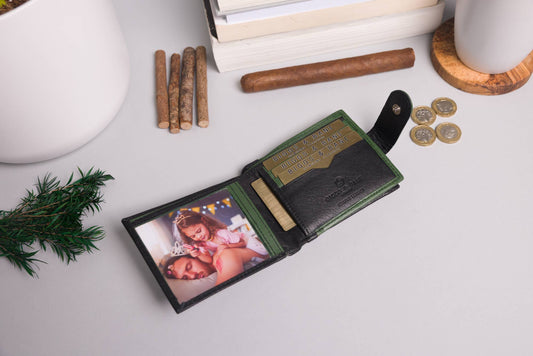 Men's Bifold Black & Green Leather Wallet With Large External Coins Pocket With Gusset 24