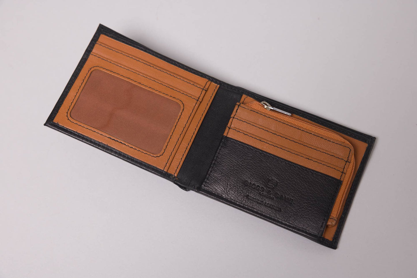 Biggs & Bane Men's Bifold Black & Tan Leather Wallet With Large Zip Coin Pocket