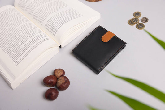 Cooper Allan Men's Bifold Black & Tan Leather Wallet With Tab Coin Pocke 40