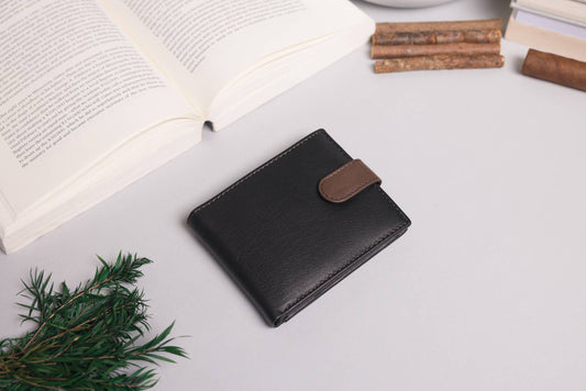 Cooper  Allan Men's Bifold Black & Dark Brown Leather Wallet With Tab Coin Pocket 10