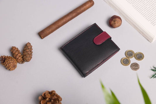 Cooper Allan Men's Bifold Black &  Burgundy Leather Wallet With Tab Coin Pocket 40