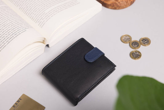 Cooper Allan Men's Bifold Black & Navy Leather Wallet With Tab Coin Pocket. 40