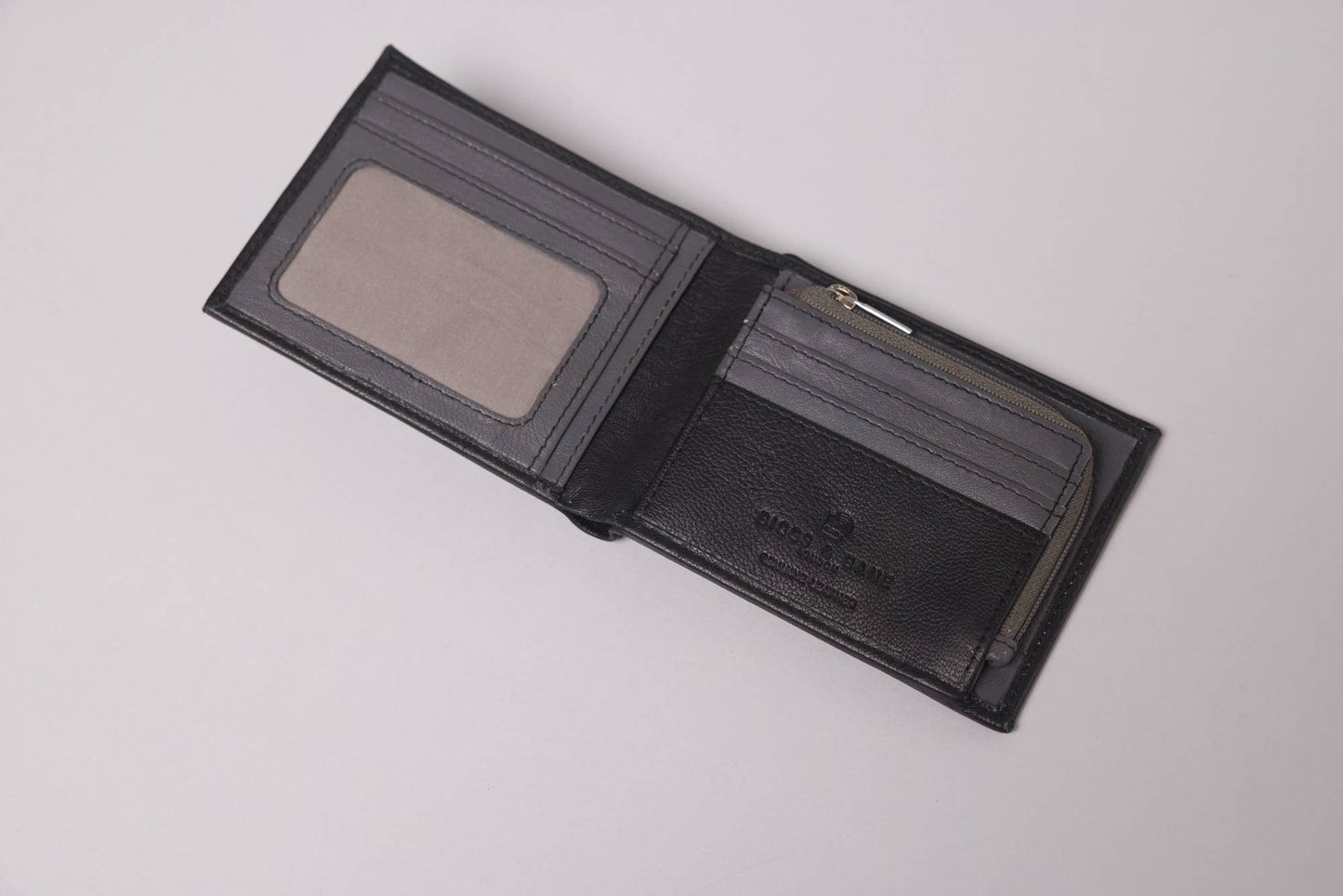 Biggs & Bane Men's Bifold Black & Grey Leather Wallet With Large Zip Coin Pocket