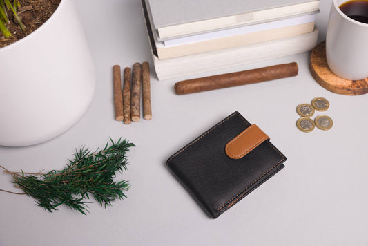 Men's Bifold Black & Tan Leather Wallet With Large External Coins Pocket With Gusset 24