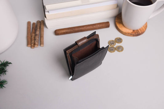 Cooper Allan Men's Bifold Black & Dark Brown Leather Wallet With Large External Coins Pocket With Gusset 24