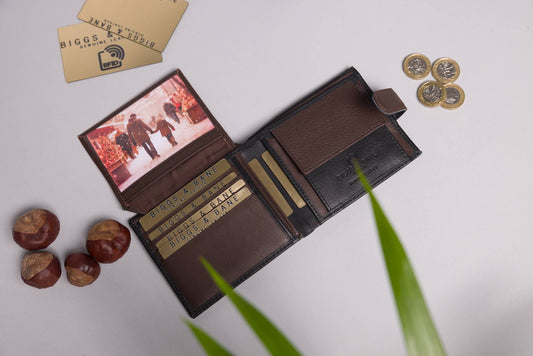 Cooper Allan Men's Bifold Black & Dark Brown Leather Wallet With Tab Coin Pocket 40