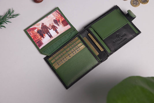Cooper Allan Men's Bifold Black  & Green Leather Wallet With Tab Coin Pocket. 40