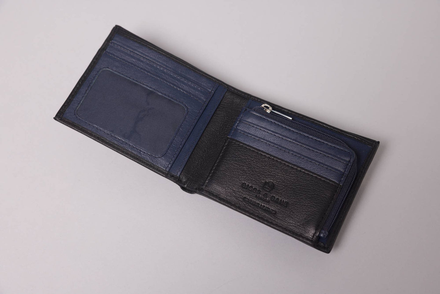 Biggs & Bane Men's Bifold Black & Navy Leather Wallet With Large Zip Coin Pocket