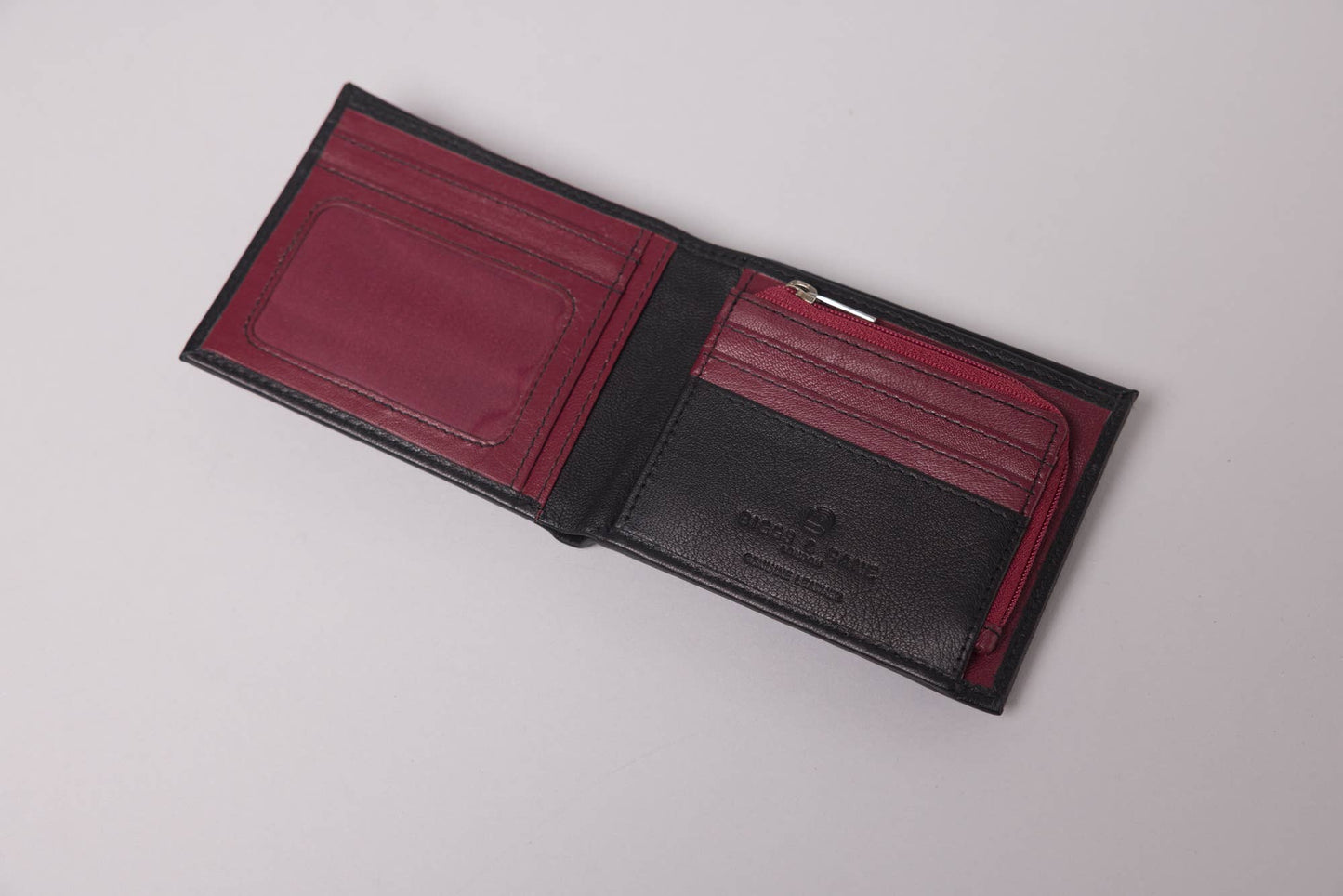 Biggs & Bane Men's Bifold Black & Burgundy Leather Wallet With Large Zip Coin Pocket