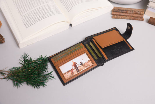 Cooper Allan Men's Bifold Black & Tan Leather Wallet With Tab Coin Pocket  10
