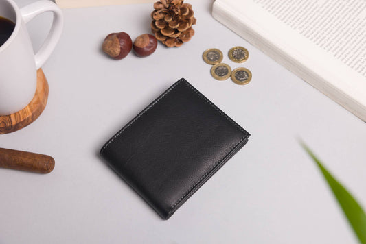 Cooper Allan Men's Bifold Black & Grey Leather Wallet With Large Zip Coin Pocket 20