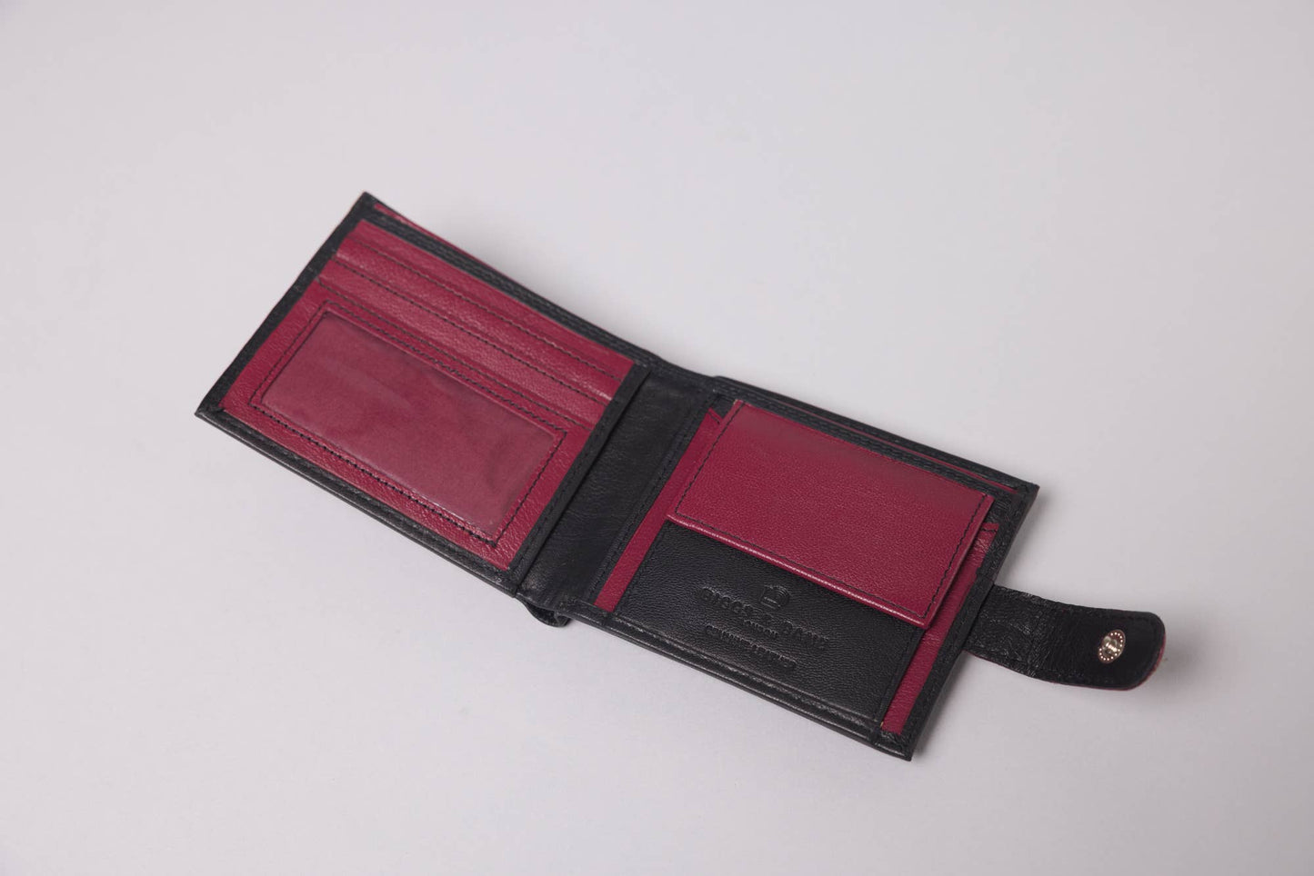 Biggs & Bane Men's Bifold Black & Burgundy Leather Wallet With Tab Coin Pocket