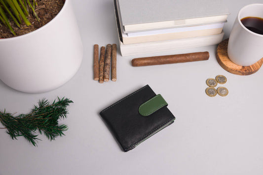 Men's Bifold Black & Green Leather Wallet With Large External Coins Pocket With Gusset 24