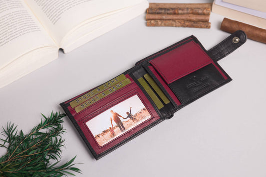 Cooper Allan Men's Bifold Black & Burgundy Leather Wallet With Tab Coin Pocket 10