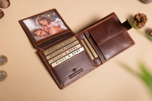 Cooper Allan Men's Bifold Dark Tan Leather Wallet With Coin Pocket