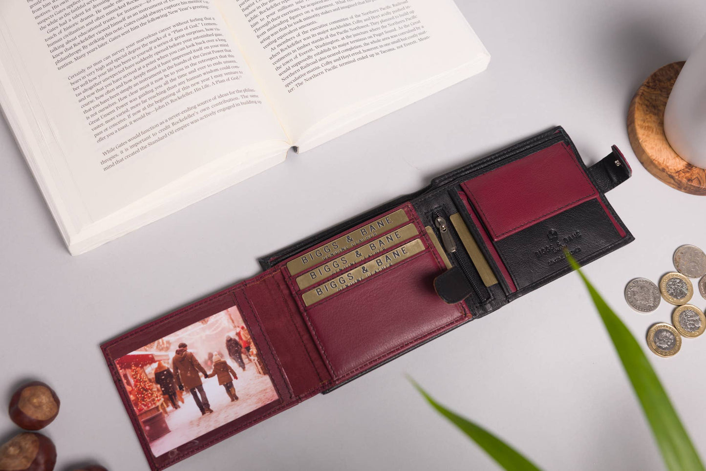 Biggs & Bane Large Capacity Men's Bifold Black & Burgundy Leather Wallet