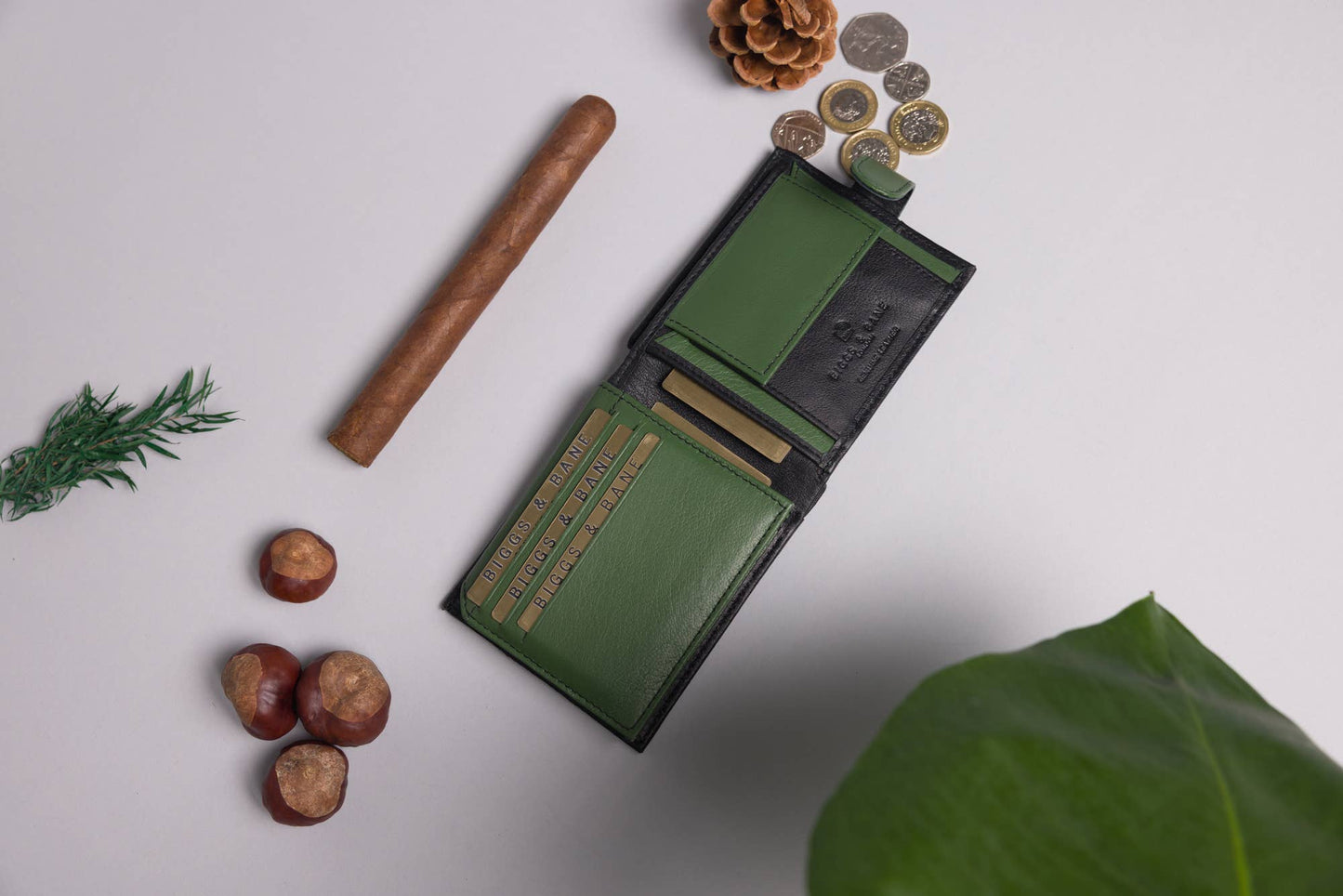 Biggs & Bane Men's Bifold Black & Green Leather Wallet With Tab Coin Pocket