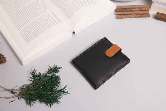 Cooper Allan Men's Bifold Black & Tan Leather Wallet With Tab Coin Pocket  10