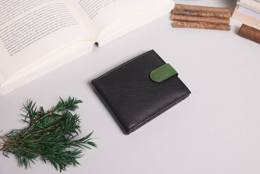 Biggs & Bane Men's Bifold Black & Green Leather Wallet With Tab Coin Pocket