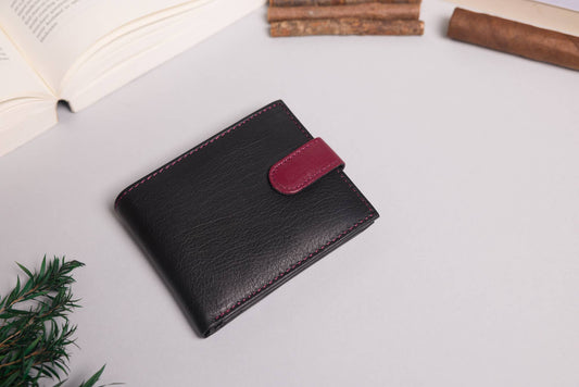 Cooper Allan Men's Bifold Black & Burgundy Leather Wallet With Tab Coin Pocket 10