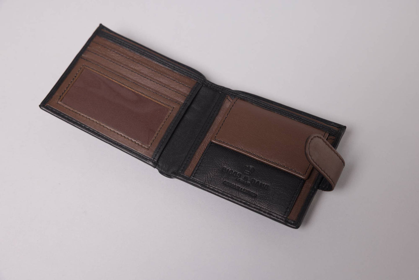 Biggs & Bane Men's Bifold Black & Dark Brown Leather Wallet With Tab Coin Pocket