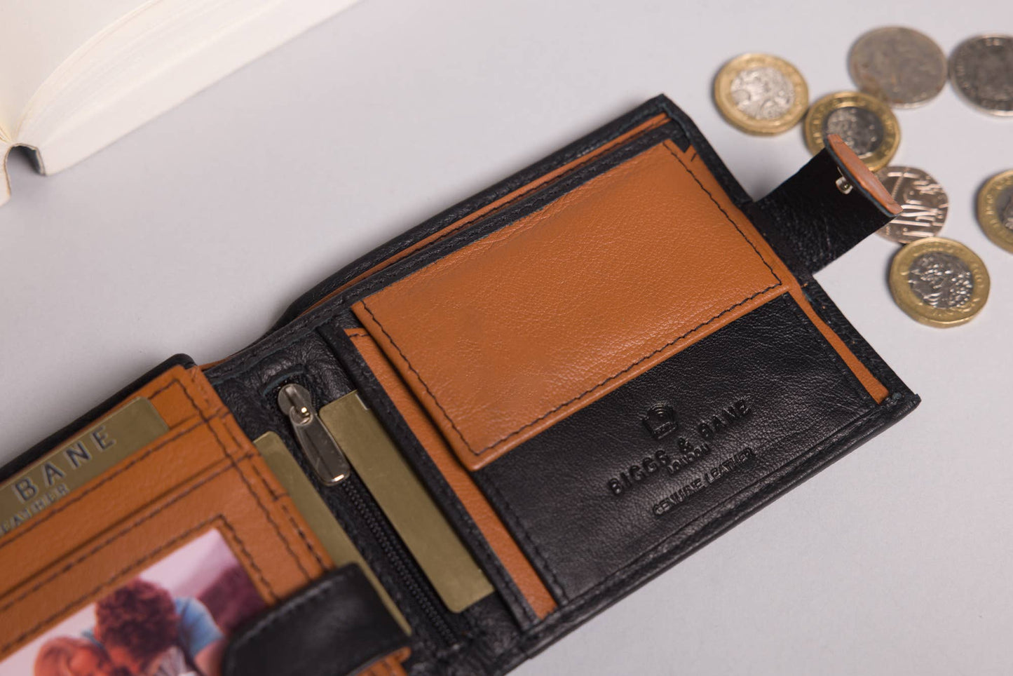 Biggs & Bane Large Capacity Men's Bifold Black & Tan Leather Wallet