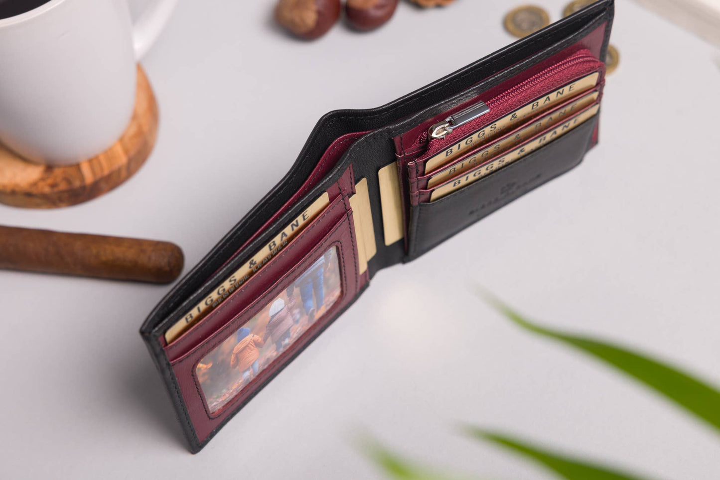 Biggs & Bane Men's Bifold Black & Burgundy Leather Wallet With Large Zip Coin Pocket