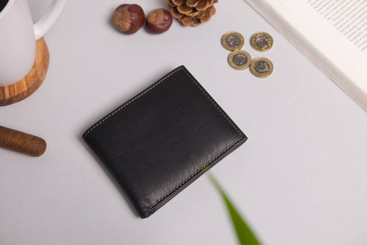 Cooper Allan Men's Bifold Black & Tan Leather Wallet With Large Zip Coin Pocket. 20