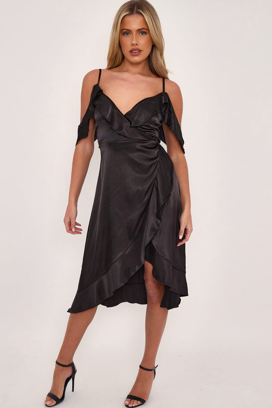 Black Off Shoulder Satin Midi Dress-0
