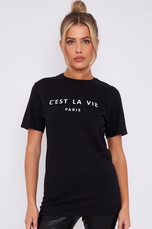 Black C'est La Vie Short Sleeve Round Neck T Shirt-0