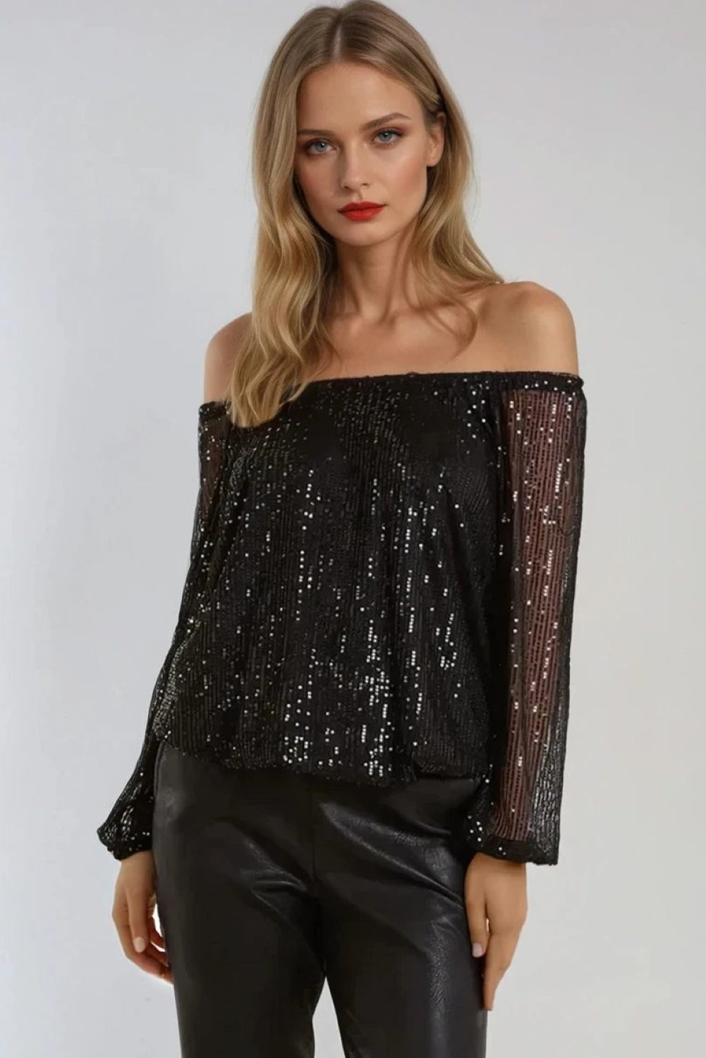 Cooper Allan Black Sequin Long Sleeve Bardot Top