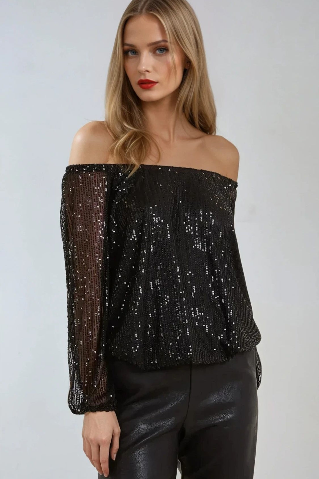 Cooper Allan Black Sequin Long Sleeve Bardot Top