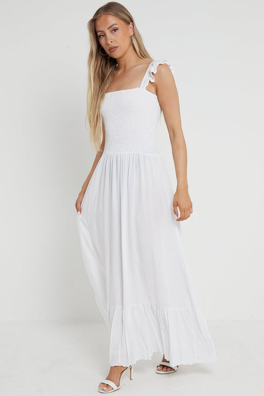 White Shirred Maxi Dress With Frill-0