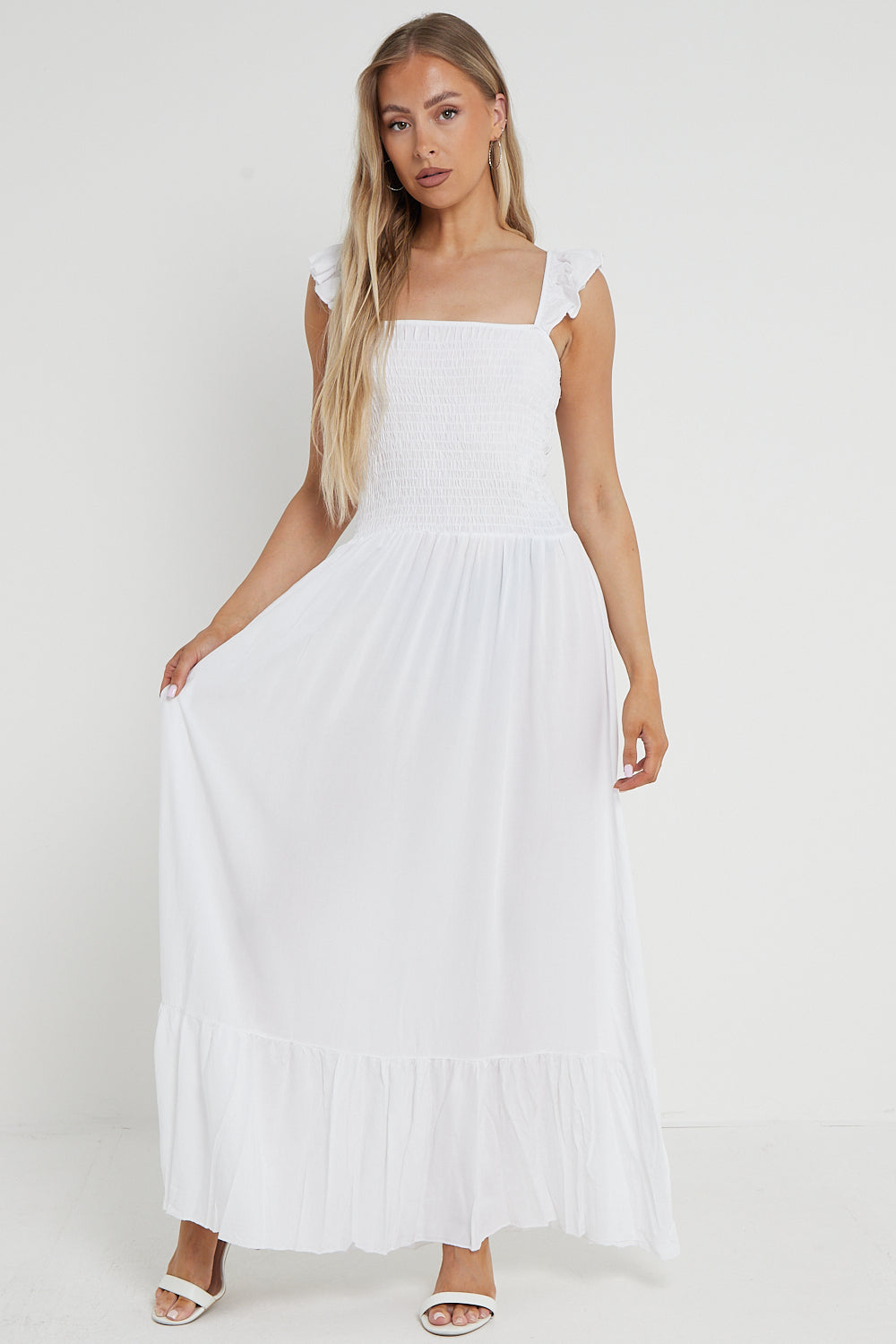 White Shirred Maxi Dress With Frill-4