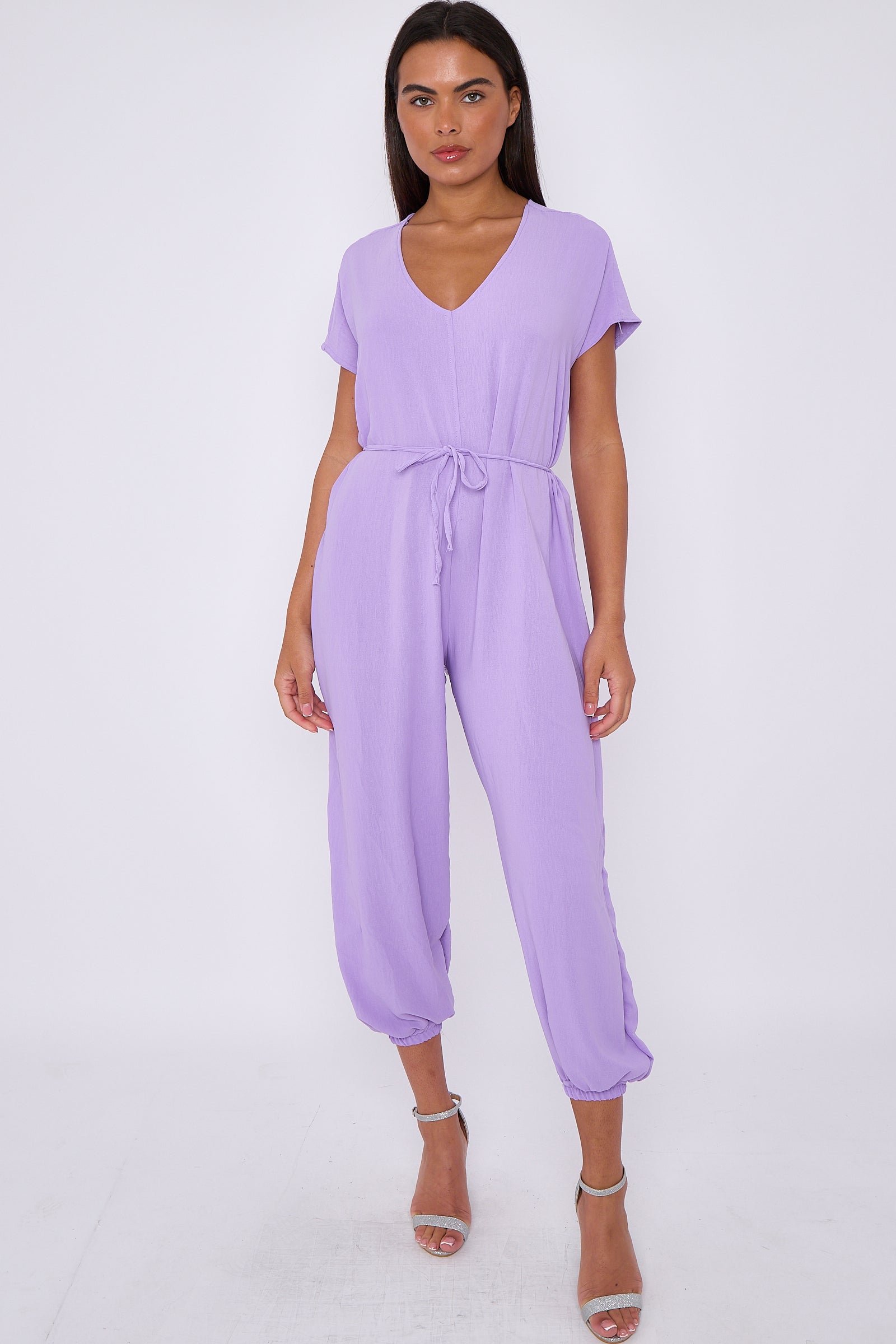 Lilac V-Neck Belted Jumpsuit-1