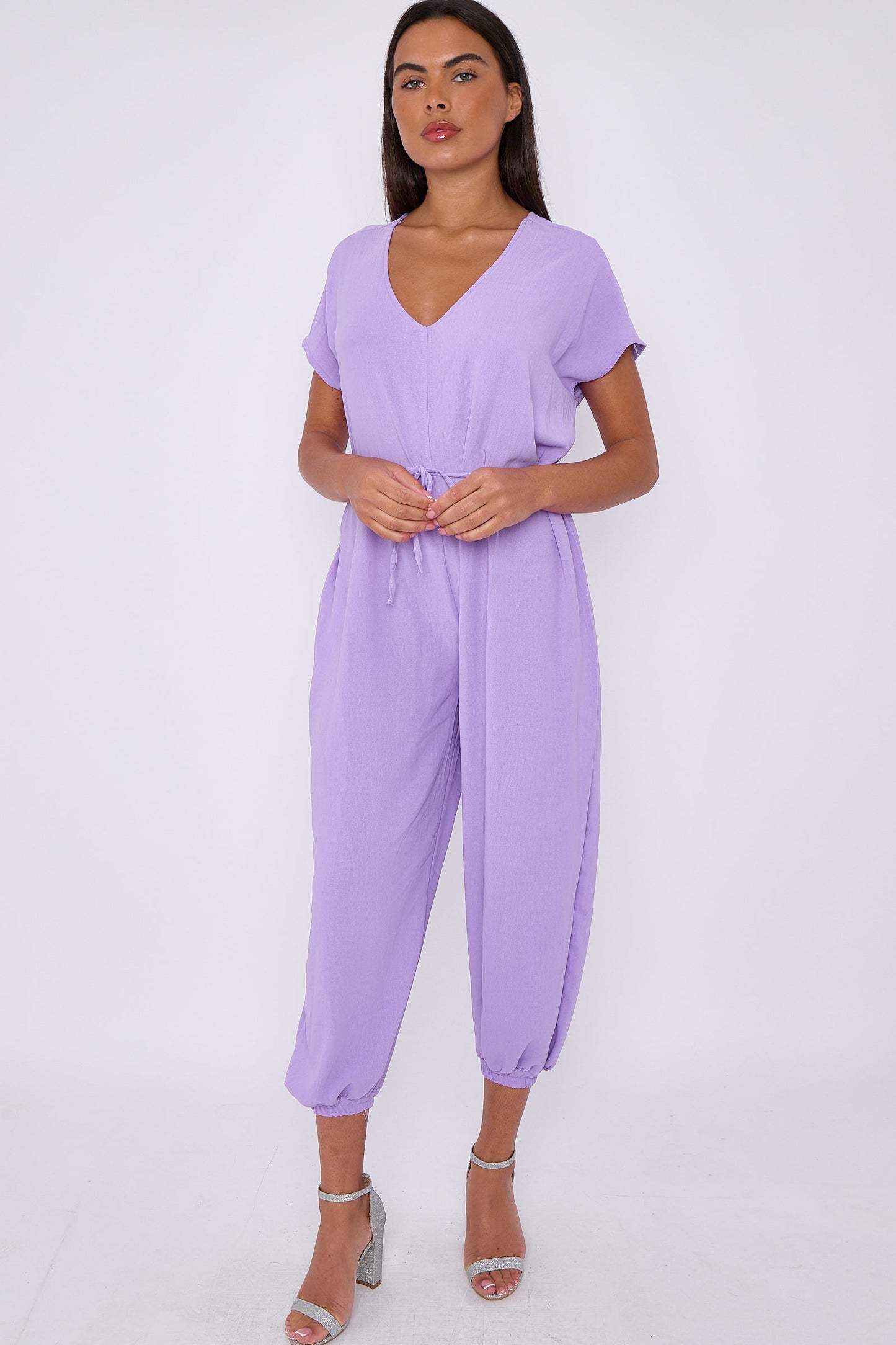 Lilac V-Neck Belted Jumpsuit-2