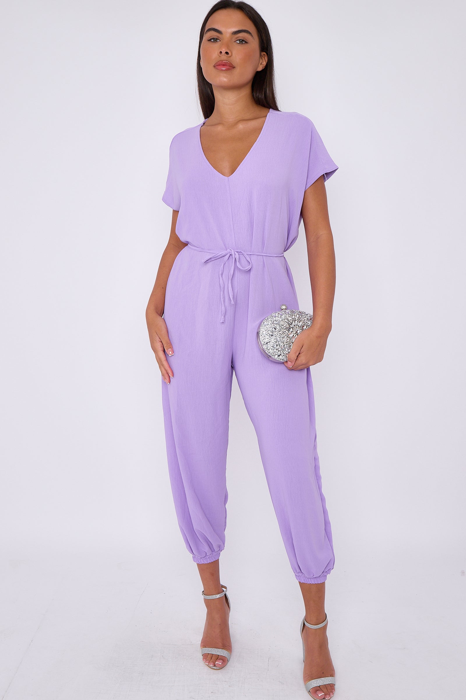 Lilac V-Neck Belted Jumpsuit-0