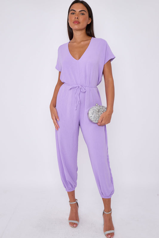 Lilac V-Neck Belted Jumpsuit-0
